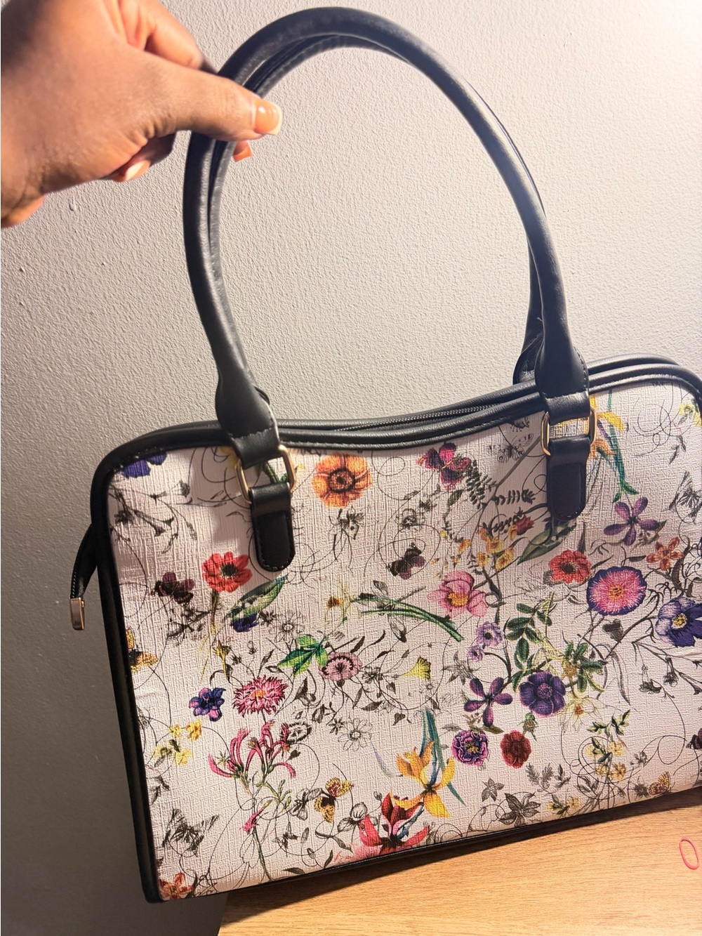 Floral Print Satchel Handbag with Black Trim
